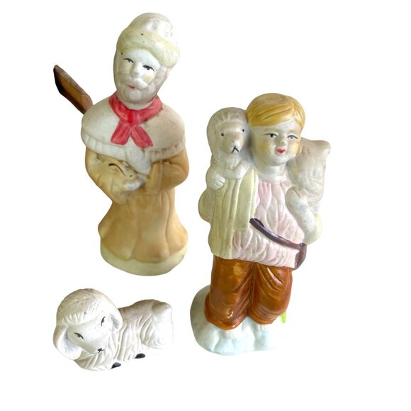 Vintage Nativity Set Wood Manger Stable 10 Hand Painted Bisque Ceramic Figurines - Picture 4 of 9